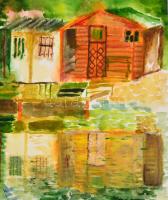 Frank jelzéssel: Vízparti házak. Akvarell, papír, 49,5x34,5 cm
