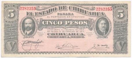 Mexikó / Forradalom / Chihuahua 1915. 5P hátoldalán fekete felülbélyegzés T:III  Mexico / Revolution / Chihuahua 1915. 5 Pesos with black stamp on back C:F Krause S532.c