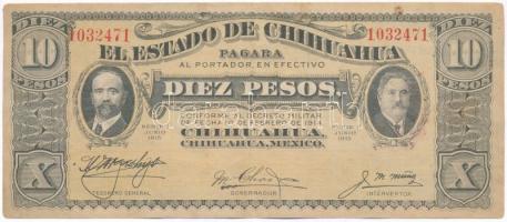 Mexikó / Forradalom / Chihuahua 1915. 10P hátoldalán piros felülbélyegzés tűhegynyi ly.T:II- Mexico / Revolution / Chihuahua 1915. 10 Pesos with red stamp on back C:VF needle point hole Krause S534.