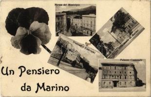 1912 Marino, Un Pensiero, Piazza del Municipio, Stazione e Panorama, Palazzo Comunale, Villini sulla strada / square, tram, railway station, town hall, street. Art Nouveau