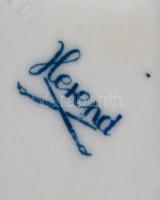 Herendi virág mintás leveles tálka, kézzel festett, jelzett, kopott, 15×9 cm