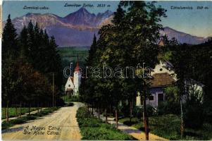 Tátralomnic, Tatranská Lomnica (Tátra, Magas-Tátra, Vysoké Tatry); templom, Lomnici-csúcs 2635 m. / Lomnitzer-Spitze / Lomnicky stít / church, road, mountain peak