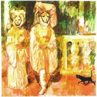 Gulyás Dénes (1927-2003): Jelenet hölgyekkel. Akril, farost, jelzés nélkül, 60x60 cm