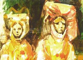 Gulyás Dénes (1927-2003): Jelenet hölgyekkel. Akril, farost, jelzés nélkül, 60x60 cm