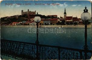 1917 Pozsony, Pressburg, Bratislava; látkép a ligetből, vár / Ansicht von dem Augarten / view from the park, castle (kopott sarkak / worn corners)
