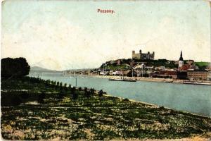 1909 Pozsony, Pressburg, Bratislava; vár, gőzhajó, rakpart. Fotochrom L. & P. P. 1240. / castle, steamship, quay (fl)
