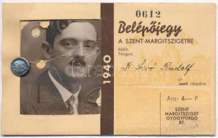 1940 Fényképes igazolvány, belépőjegy a Szent-Margiszigetre, Dr. Sivó Rudolf részére kiállítva 0612 számmal. Szent-Margisziget Gyógyfürdő Rt. Fénykép sérült.