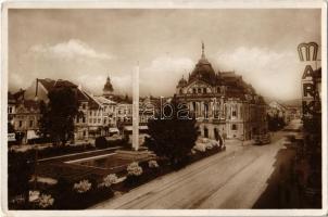 1941 Kassa, Kosice; Divadlo a vlajkovy obelisk / színház, emlékmű, obeliszk, villamos, Korzó Bazár, Aranyosi, Boros, Markovics üzlete / theatre, monument, tram, shops (kopott sarok / worn corner)