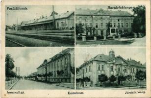 Komárom, Komárno; Vasútállomás, M. kir. Frigyes főherceg huszár laktanya, Igmándi út, Járásbíróság / railway station, Hungarian military hussar barrack, street view, court