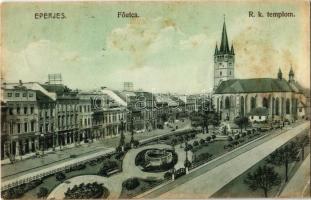 1911 Eperjes, Presov; Fő utca, Római katolikus templom, Központi kávéház, üzletek. Divald Károly Fia kiadása / main street, Catholic church, café, shops (EB)