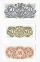 Észak-Korea 1947. 15ch + 20ch + 50ch mindhárom vízjel nélkül, modern reprint T:I  North Korea 1947. 15 Chon + 20 Chon + 50 Chon all three without watermark, modern reprints C:UNC