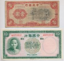 Kína 1937. 10Y + 1936. 1Y T:III,III- szép papír China 1937. 10 Yuan + 1936. 1 Yuan C:F,VG nice paper Krause#209,81