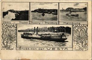 1907 Pozsony, Pressburg, Bratislava; Üdvözlet a VESTA oldalkerekes gőzös fedélzetéről. Vesta Dévénynél, Pozsonynál és Hainburgnál / VESTA sidewheeler steamship in Devín, Bratislava and Hainburg. Art Nouveau (EK)