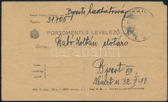 1919 Budapesti Katonai Kerületi Parancsnokság Hadbiztossága portómentes levelezőlap, 1919. ápril., é...