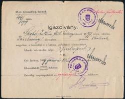 1919 Szolnok, 68. pótzászlóalja leszerelő igazolványa tart. hadnagy részére, 1919. jan. 20., pecsétekkel, aláírással, szakadt.