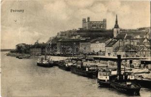 1907 Pozsony, Pressburg, Bratislava; vár, rakpart, gőzhajók, uszályok. K.B.B.D.A. / castle, quay, steamships, barges (ázott sarok / wet corner)