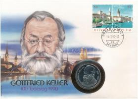 Svájc 1990B 5Fr Cu-Ni "Gottfried Keller" felbélyegzett borítékban, bélyegzéssel T:PP patina Switzerland 1990B 5 Francs Cu-Ni "Gottfried Keller" in envelope with stamp and cancellation C:PP patina