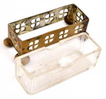 Réz fogpiszkálótartó, üvegbetéttel, rajta minimális csorbával, 10×4×3,5 cm