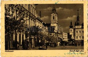 1944 Kolozsvár, Cluj; Kossuth Lajos utca, Evangélikus templom, automobilok, Nimberger üzlete / street view, Lutheran church, automobiles, shops (fl)