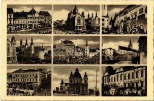 Marosvásárhely, Targu Mures; mozailap, templomok, üzletek / multi-view postcard, churches, shops (EK)