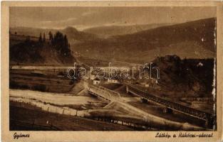 Gyimes, Ghimes; látkép, Rákóczi vár, vasúti híd / Cetatea Rákóczi / general view with castle, railway bridge (ragasztónyom / glue mark)