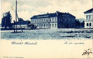 1900 Kassa, Kosice; Állami felső ipariskola, lóvasút / school, horse-drawn carriage