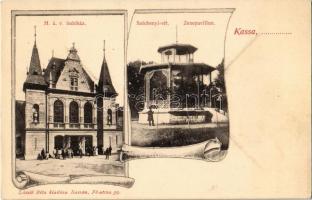 Kassa, Kosice; MÁV indóház, Széchenyi rét, zenepavilon. László Béla kiadása / railway station, park and pavilion. Art Nouveau
