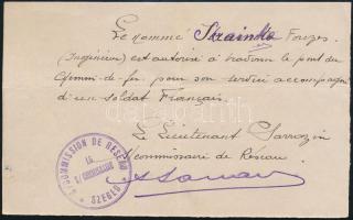 1919 Szeged, Le Commissaire Commission de Réseau, a szegedi francia csapatok által kiállított igazolás. / 1919 Szeged, Hungary document issued by the french occupation military