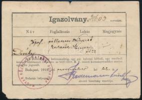1919 Magyar Központi Katonai Ruhatár igazolványa katonai ruházat viselésének igazolására, 1919. nov. 2.