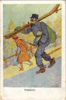 Heimwärts / Winter sport art postcard, skiing soldier. B.K.W.I. 180-5. s: Carl Josef
