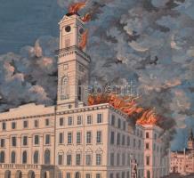 Jelzés nélkül: Tűzvész. Akvarell, papír. Feltehetően egy XIX. sz. tűzesetet ábrázol. Két szélén besö...