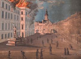 Jelzés nélkül: Tűzvész. Akvarell, papír. Feltehetően egy XIX. sz. tűzesetet ábrázol. Két szélén besö...