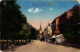 1914 Brassó, Kronstadt, Brasov; Rudolfsring / Rezső körút / street view, park, church (kopott sarkak / worn corners)
