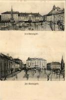 Temesvár, Timisoara; Jenő herceg tér, Rukavina emlékmű, Takarékpénztár, üzletek / square, monument, savings bank, shops (non PC) (vágott / cut)