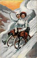 Winter sport art postcard, sledding couple s: Harry Kirstein
