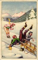 1923 Winter sport art postcard, sledding accident. A. Ruegg 545., artist signed