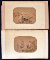 Sophine Berchtold jelzéssel, 2 db mű, feltehetően a XIX sz. második feléből: Szerelmesek és Incselkedők. Ceruza, akvarell, papír, kasírozva, 16x21 cm