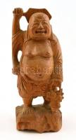 Nevető Buddha lakkozott, faragott fa szobor. 17 cm