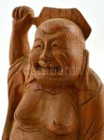 Nevető Buddha lakkozott, faragott fa szobor. 17 cm