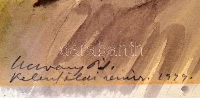 Udvary Pál (1900-1987): Kelenföldi remíz. Akvarell, ceruza, papír, jelzett, 30,5×42,5 cm