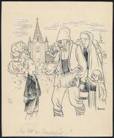 Byssz Róbert (1893-1961): Így lett úr Janikából. Tus, papír, jelzett. Hátoldalán Szabad Hazánkért bélyegzővel és felirattal valamint Az őrnagy úr címmel. Feltehetően a Szabad Hazánkért, A Magyar Néphadsereg irodalmi és művészeti folyóiratának beküldött rajz, karikatúra. 22×15 cm