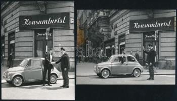 1967 Konzumturist irodája, Fiat-500 nyeremény átvétele, Andrássy út/Hajós utca sarkán, 2 db fotó, egyiken folt, 8x11 cm