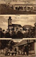 1942 Torbágy, Biatorbágy; Vasúti híd, Római katolikus templom és iskola, Weiberth János üzlete, kerekes kút (fl)