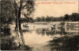 1919 Budapest II. Ördög-árok Hűvösvölgyben, lovaskocsik, csónak, villamos