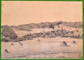 S. J. 856 jelzéssel: Kisváros látképe. Ceruza, papír. Papírra kasírozva. 19,5×27,5 cm