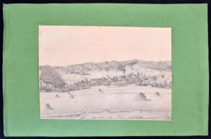 S. J. 856 jelzéssel: Kisváros látképe. Ceruza, papír. Papírra kasírozva. 19,5×27,5 cm