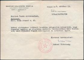 1952 Magyar Dolgozók Pártja Központi Vezetőségének válasza fegyelmi tárgyalás ügyében, fejléces papíron, pecséttel, Rákosi Titkársága nevében Liszkai Imre aláírásával.