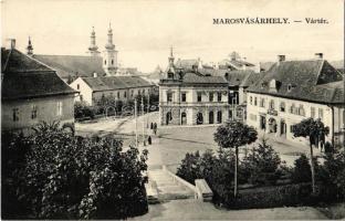 Marosvásárhely, Targu Mures; Vártér, templom, Santerini Nello vívóterem. Porjes S. Sándor kiadása / castle square, church, fencing hall