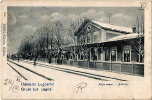 1902 Lugos, Lugoj; pályaudvar, vasútállomás, tél. Nemes Kálmán kiadása / railway station in winter