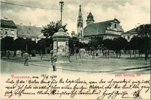 1901 Temesvár, Timisoara; Jenő herceg tér, templom, hirdetőoszlop, Rukavina emlékmű / square, church, advertising column, monument